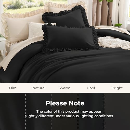 Image of Litanika Black Queen Comforter Set, 3 Pieces Ruffle Farmhouse Aesthetic Bedding Comforter Set, All Season Soft Lightweight Fluffy Microfiber Bed Set(90x90In Comforter, 2 Pillowcases)
