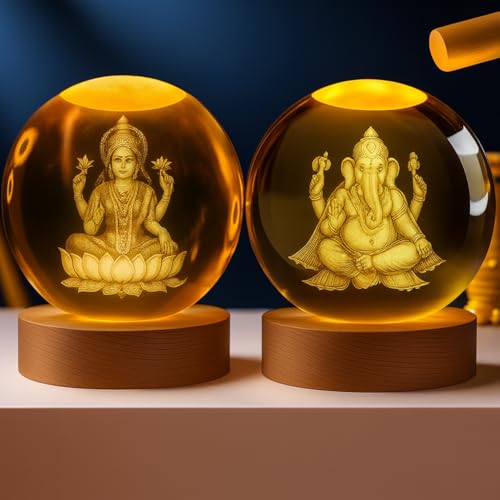 Image of One94Store Ganesh & Lakshmi 3D Crystal Night Lamp Set | USB LED Light with Wooden Base | Spiritual Home & Temple Decor | Festive Gift for Diwali, Housewarming & Puja (Combo)