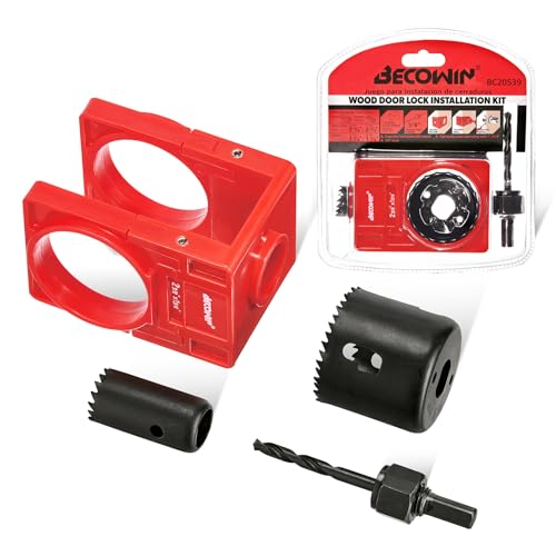 BECOWIN 1-3/8' - 1-3/4' Door Lock Installation Set with Guide Template, Door Lock Hole Saw Kit ldeal for Wooden Doors, Red