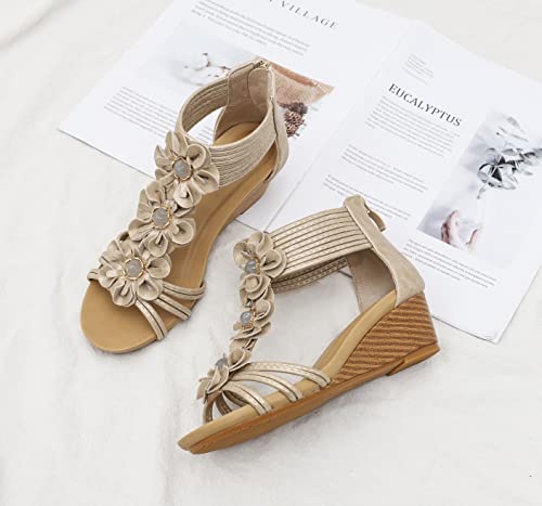 Fralosha Wedge Sandals For Women Open Toe Casual Summer Flower Roman High Heel Breathable Beach Sandals Gold 8 #TOP2