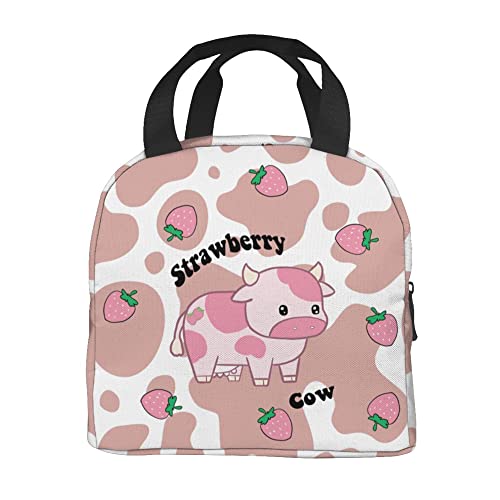 Evesky Strawberry Cow Lunch Box Reusable Lunch Bag Cartoon Pink Tote Bag With Front Pocket For Women/Men Work School Girl Boy Picnic Travel #TOP3