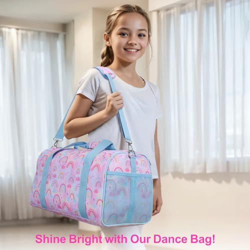 Image of Bagseri Dance Bag for Girls - Kids Duffle with Shoe Compartment, Gymnastics Tote for Sleepover Travel with Water Resistant Wet Pocket (Light Purple Blue Rainbow)