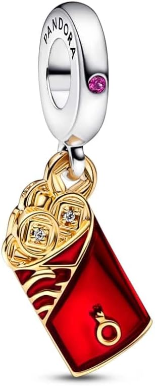 PANDORA Moments Two-Tone Red Envelope Dangle Charm - Sterling Silver and 14K Gold-Plated Charm with Enamel - Jewelry for Women - Includes Gift Box