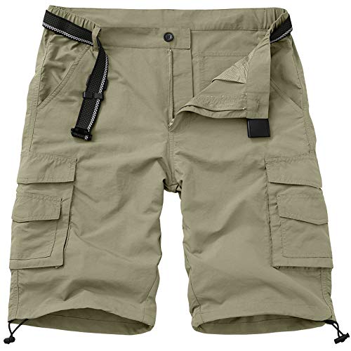 Men's Outdoor Casual Expandable Waist Lightweight Water Resistant Quick Dry Cargo Fishing Hiking Shorts (6013 Khaki 30)