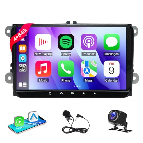 4+64G Wireless Carplay Android 14 Autoradio 2 Din para VW 9 pulgadas Autoradio con Android Auto Navi GPS WiFi Mirror Link Bluetooth/WiFi/GPS/FM RDS Radio/SWC Cámara trasera