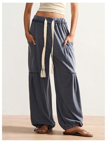 Women's Baggy Harem Pants Drawstring Waist Wide Leg Boho Casual Trousers Joggers with Pockets2