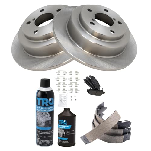 Image of TRQ Rear Brake Pad & Rotor Kit, with Chemical Kit Parking Brake Shoe Set Semi-Metallic Compatible with 1998-2003 Subaru Forester 1999-2003 Impreza