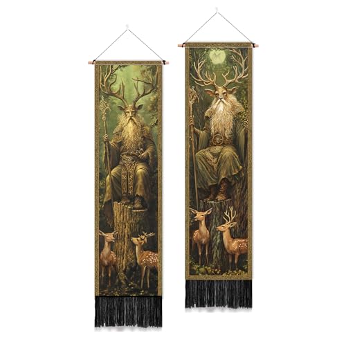 Tapisserie murale vintage verticale longue de forêt décoration chambre salon - Lot de 2