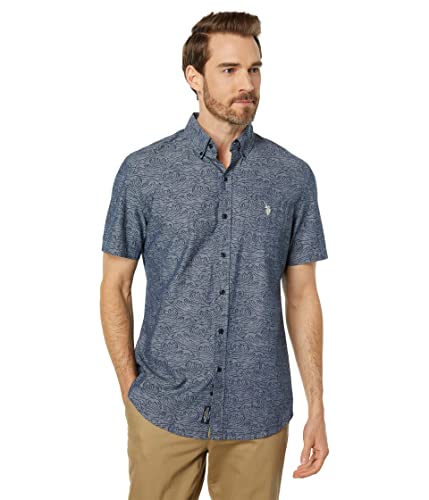 U.S. POLO ASSN. Short Sleeve Printed Chambray Denim Woven Shirt Infinity Blue MD