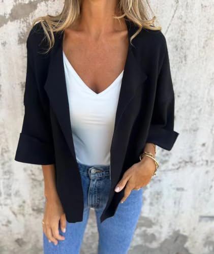 Peculiaral Faux Suede Cardigan Buttonless Solid Color Lapel Jacket, 3/4 Sleeve Lightweight Jackets for Women Casual2