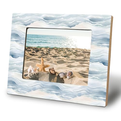 WHCHJ Coastal Blue and White Beach 5x7 Picture Frame Beach Ocean Lovers Gifts Nautical Photo Frame Abstract Watercolor Ocean Waves Wood Frames for Wall or Tabletop Display