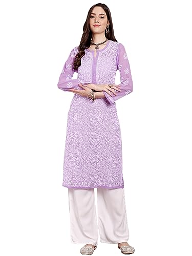 Image of Ada Lucknow Chikankari Hand Embroidered Faux Georgette Kurta Kurti Tunic Dress for Women A95504