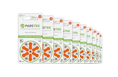 ParsTek Hearing Aid Batteries | Size 13 | Zinc-Air & Mercury Free | Long Lasting | Child Resistant Packaging | 1.45V | 60 Batteries