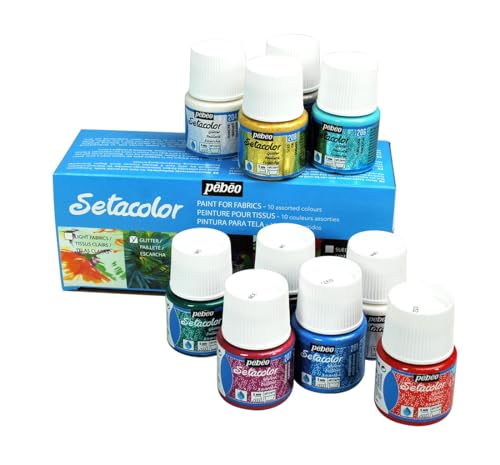 Pebeo Setacolor Light Fabrics Glitter Initiation Set of 10 Assorted 45ml Fabric Paint Colors