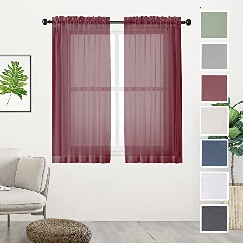 Image of Chyhomenyc Short Sheer Curtains 45 Inches Length 2 Pieces, Light Filtering Soft Voile Curtains Drapes for Half Window /Bedroom /Bathroom /Living Room, Burgundy