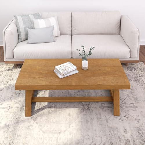 Plank+Beam Classic Rectangular Coffee Table, 54 Inch Farmhouse Coffee Table, Center Table, Small Living Space Tea Table, Pecan Wirebrush