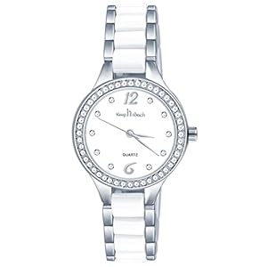 Damen Quarz Armbanduhr Keramisch weiß Rund Analog Uhr mit Einfaches Zifferblatt,Legierungs Edelstahl Armband