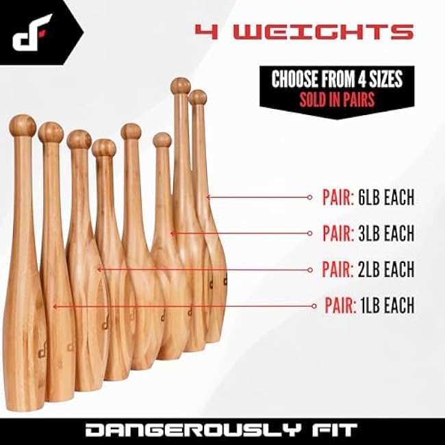 Indian Clubs - Pair of Traditional Wooden Clubs - 1lb, 2lb, 3lb & 6lb - Shoulder & Grip Strength & Mobility Fitness Exercise Training - Home & Gym Workout