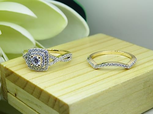 Dazzlingrock Collection 4mm Center Round Cubic Zirconia Halo Cushion Criss Cross Wedding Ring Set for Women (1.40 ctw, Color White, Clarity Clean) in 10K Solid Gold4