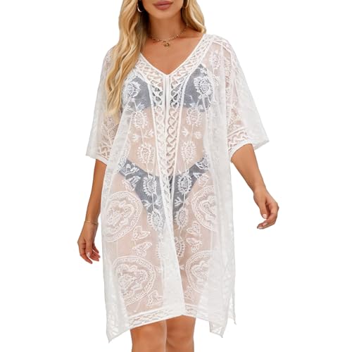 SCCGKP Womens Sexy Elegant Lace Bathing Suit Cover Up V-Neck Swimsuit Coverups Loose Swimwear Beach Dress Beachwear (UK Alpha One Size Regular Regular White)