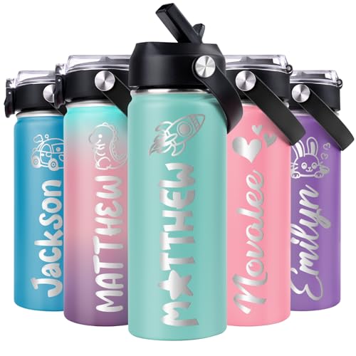 Ueedklaayy Personalized Water Bottles for kids - 18oz, 12 Colors, Engraved Name & 36 Icons, Custom Kids Insulated Water Bottle for School, BPA Free - Birthday & Christmas Gifts for Girls & Boys