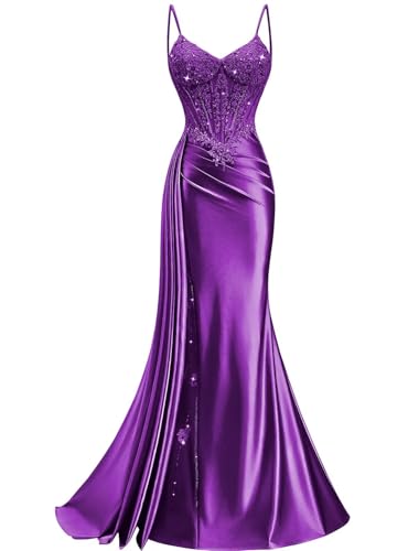Juidei Women's Prom Dresses Purple 2026 Satin Lace Sequin Cocktail Party Dress Mermaid Corset...