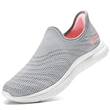 STQ Slip ins Slip on Sneakers for Women Arch Support Hands Free Non-Slip Orthopedic Walking Shoes for Elderly Women, Maternity Grey Pink Size 8