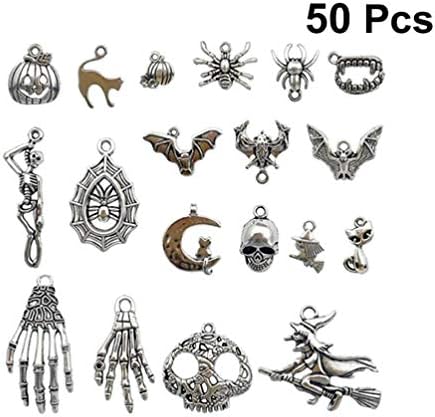 Amosfun 50pcs Antique Silver Halloween Charms Jewelry Making Charms Pendants for DIY Jewelry Making Accessory Halloween Party Favors Gifts Supplies(Random Style)