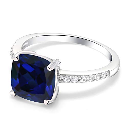 Gem Stone King 925 Sterling Silver Blue Created Sapphire Engagement Ring For Women (2.62 Cttw, Cushion Cut 8Mm, Available In Size 5, 6, 7, 8, 9) #TOP2