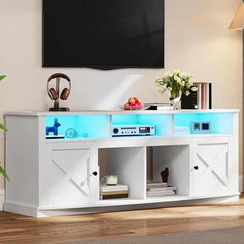DWVO TV Stand for 75/80 Inch TV, Entertainment Center, LED Light Media Console, TV Cabinet with Barn Doors and Power Outlet for Living Room, White