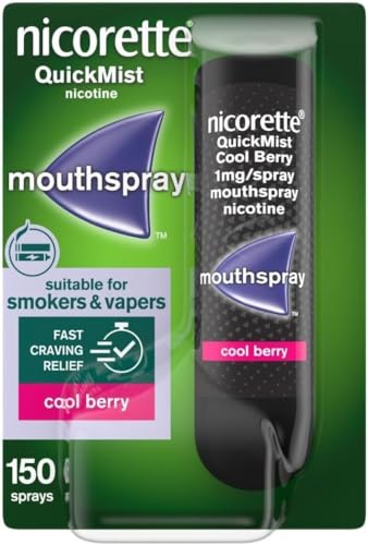 Nicorette QuickMist Mouthspray, Cool Berry Flavour (1x150 Sprays), Quit Smoking or Quit Vaping aid, Starts to Reduce Cravings in 30 Seconds (Quit Smoking or Quit Vaping aid)