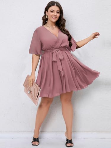 Image of SCOMCHIC Women's Plus Size Summer Dresses Short Sleeve Wrap V Neck A Line Skater Mini Short Dress XL-4XL
