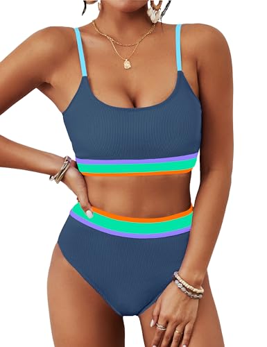 Image of BMJL Women's High Waisted Bikini Ribbed Two Piece Swimsuit High Cut Color Block Adjustable Straps Bathing Suit