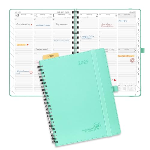 POPRUN 2025 Planner 6.5" x 8.5" with Hourly Schedule & Vertical Weekly Layout - 2025 Weekly Planner for Time Management, Monthly Tabs, Pen Holder, Spiral Bound,Leather Soft Cover - Green