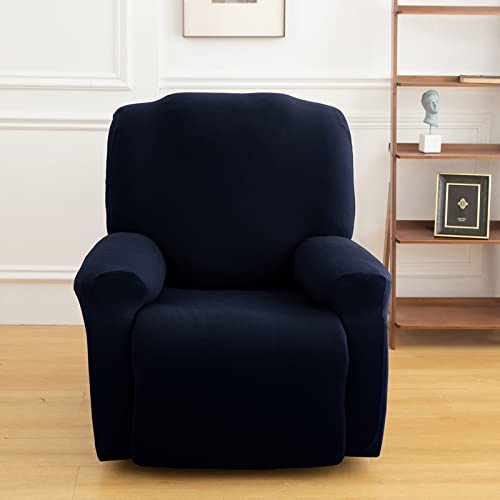Stretch Recliner Chair Cover,4 Pieces Sofa Cover Slipcover Couch Covers,Armchair Cover Non-Slip Furniture Protector,Elastic Spandex Soft Recliner Chair Protector with Side Pocket(1 Seater Navy Blue) - Image 3