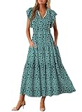 Picture of BLENCOT Women Maxi Floral Printed Dresses for Summer Tie V Neck Short Ruffle Sleeve Dress Flower Pattern Dress with Pockets P920 Green XL