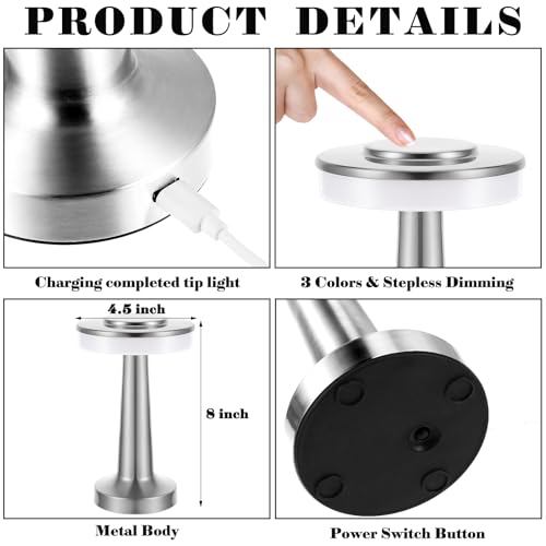 Image of Riakrum 1 Pcs LED Cordless Table Lamp Bulk Rechargeable,Silver | Portable Wireless Lamps, 3 Color Stepless Dimming, 15 Hour Battery, Touch Control, Wedding Home Restaurant Decor