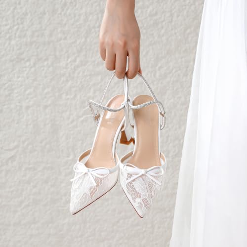 Image of Susanny Women's Closed Toe Rhinstone Wedding Low Heel Slingback Clear Kitten Heels,Adjustable Strap Pointed Toe Bow Pumps High Heeled Prom Dress Shoes