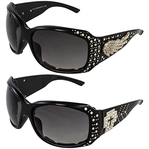 Rodeo Queen 2 Pairs of Motorcycle Sunglasses for Women Padded Black Frame w/Bling Rhinestones & Smoke Gradient Lenses