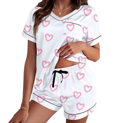 Image of Women Hearts Pajama Sets Satin Short-Sleeve Top and Shorts Set 2 Piece Loungewear Sleepwear