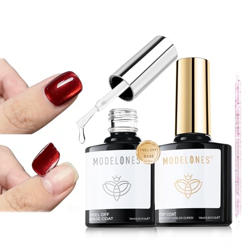Modelones Peel Off Base Coat and Gel Top Coat Set, 2 Pcs No Wipe Clear Top Gel Nail Polish and