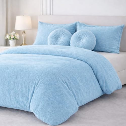 Image of Sands Luxurious 6Pc Bedding Set for Winter, 1 Double Duvet Cover,1 Double Bed bedsheet, 2 Pillow Covers, 2 Round Cushions, Ultra Soft Woollen Bedsheet Set- 90X100 inches (Sky)