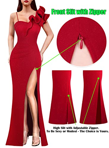 Image of VFSHOW Womens Ruffle One Shoulder Strap Ruched Formal Prom Wedding Maxi Dress V Neck Elegant Split Cocktail Evening Long Gown