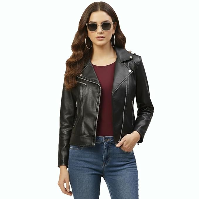 Leather Jacket For Women Motor Biker Black-picture-34