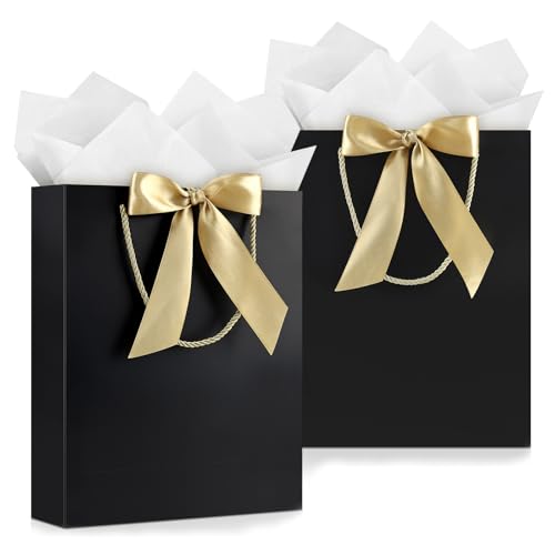 Image of JMANNI Gift Bag, 2PCS Gift Bags with Ribbon and 2 Greeting Cards 4 Tissue Paper, Portable Paper Gift Bag with Handles, Birthday Gift Bags,Present Bags for Wedding Party Mothers Day(PureBlack)