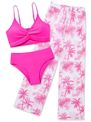 Image of Girls Swimsuit 3 Piece Bathing Suit Criss Cross Bikini Set Tropical Floral Swimwear with Mesh Cover Up Pants Size 9-16Y