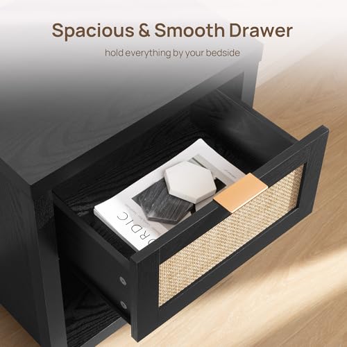 Image of SICOTAS Black Rattan Nightstands Set of 2 with Drawer 19.7 inch Wide