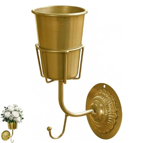 Image of Gold Wall Vase with Hook, Vintage Brass Metal Hanging Planter for Flowers, Handcrafted Wall Mounted Vessel for Home Decor, Entryway, Bathroom & Kitchen Organization (Gold)