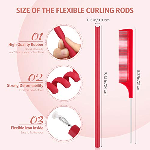 30 Pieces Flexible Curling Rods Twist Foam Hair Rollers Soft Foam No Heat Hair Rods Rollers And Steel Pintail Comb Rat Tail Comb For Women Girls Long And Short Hair (Red,9.45 X 0.3 Inch) #TOP1