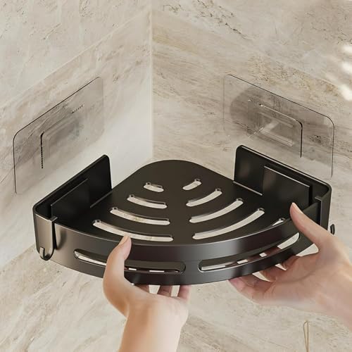 Image of iSTAR Self-Adhesive Wall Mount Bathroom Corner Shelf Rack Organizer | Plastic Storage Shelves for Toiletries, Accessories & Kitchen (2, Black, Pack of 2)